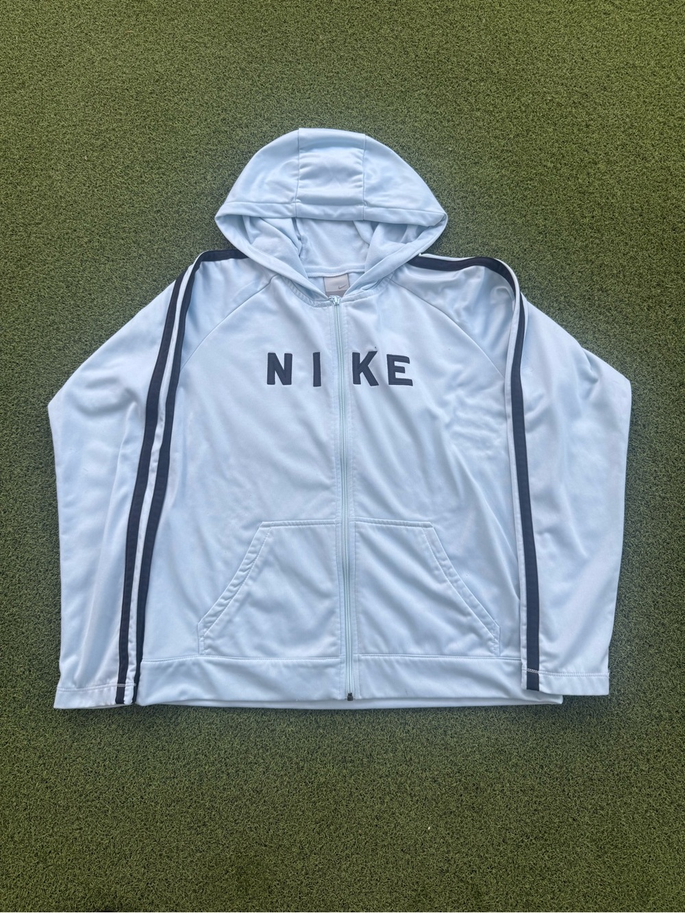 RARE VINTAGE GREY TAG NIKE BABY BLUE ATHLETIC SPORTY SPELLOUT ZIP UP HOODIE